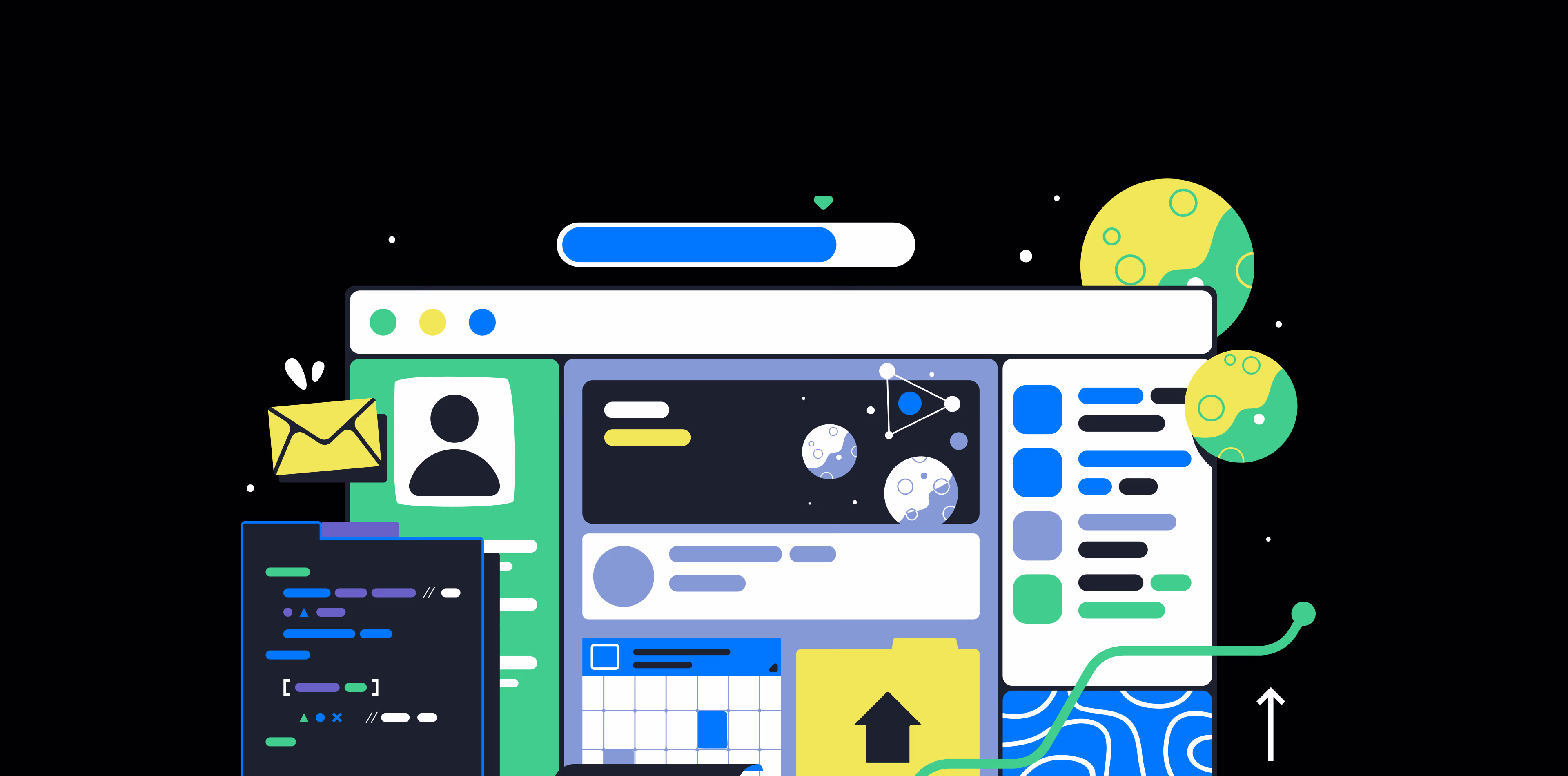 Colorful flat illustration of a user interface layout with various UI elements, progress bars, and data points demonstrating user experience design principles.