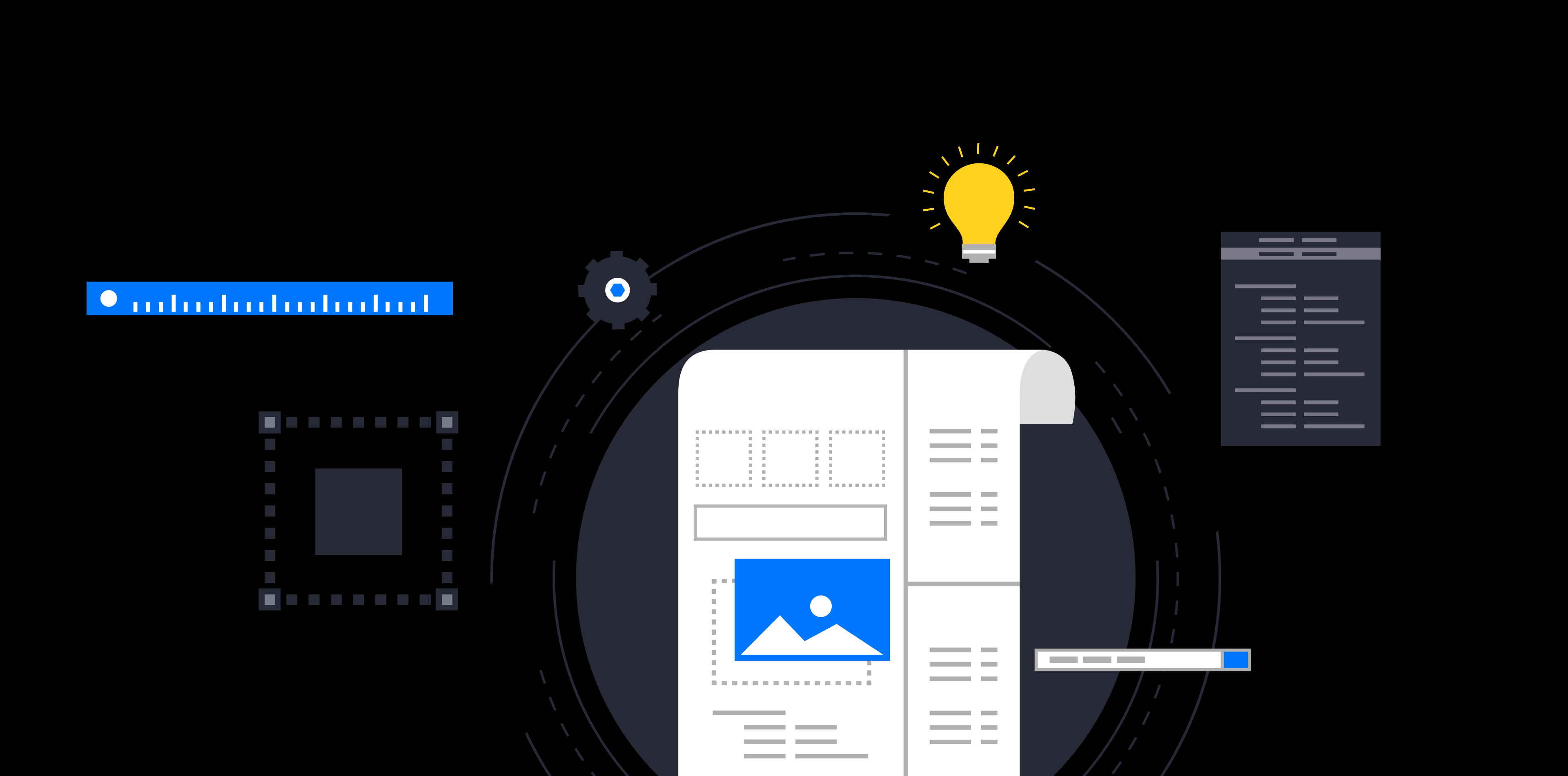 SaaS design system build guide — component grid, design tokens, and documentation structure illustrated in purple and dark tones.