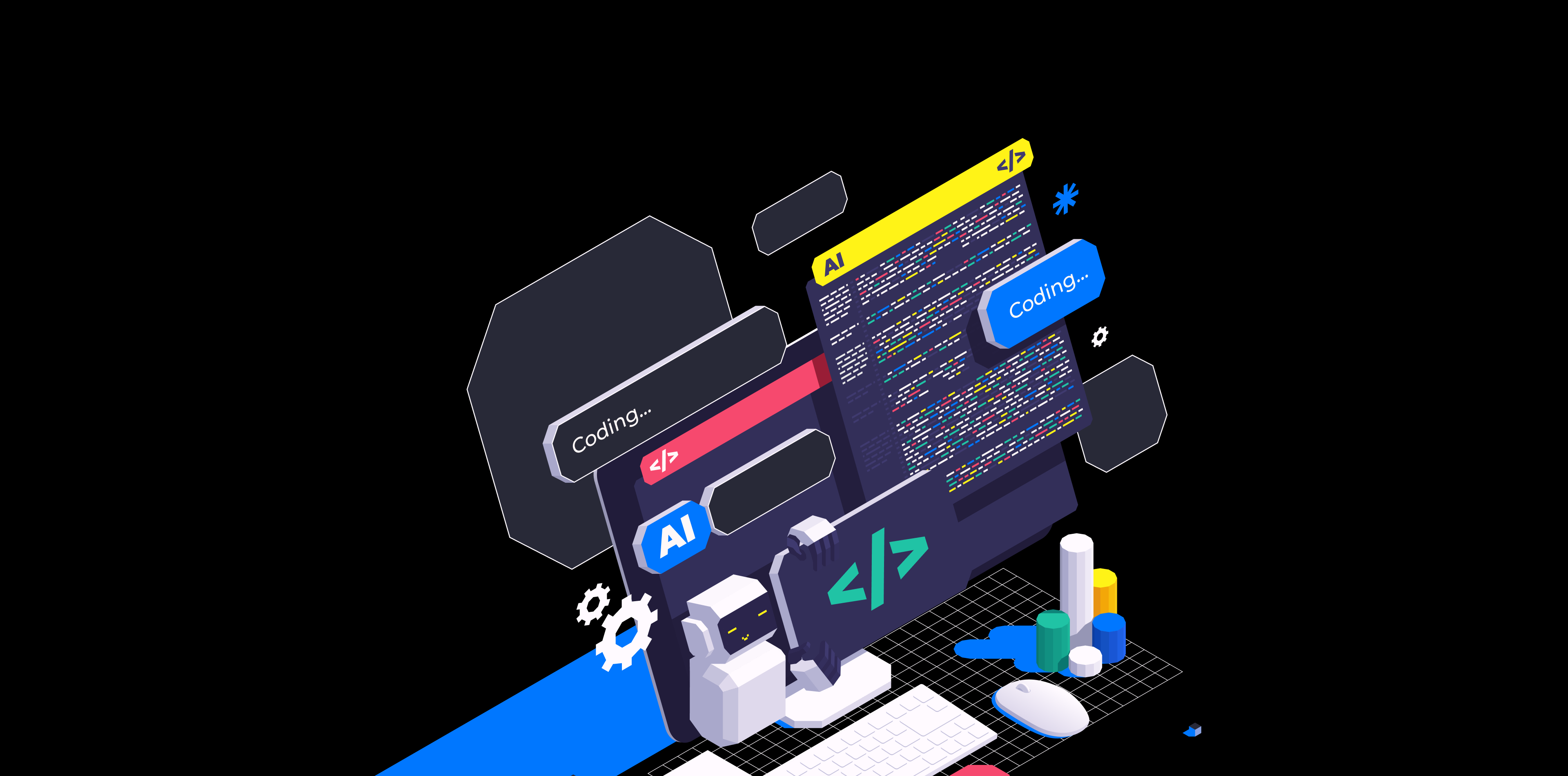 Generative AI integration for SaaS products — workflow patterns, use case selection, and implementation structure illustrated in indigo and dark tones.