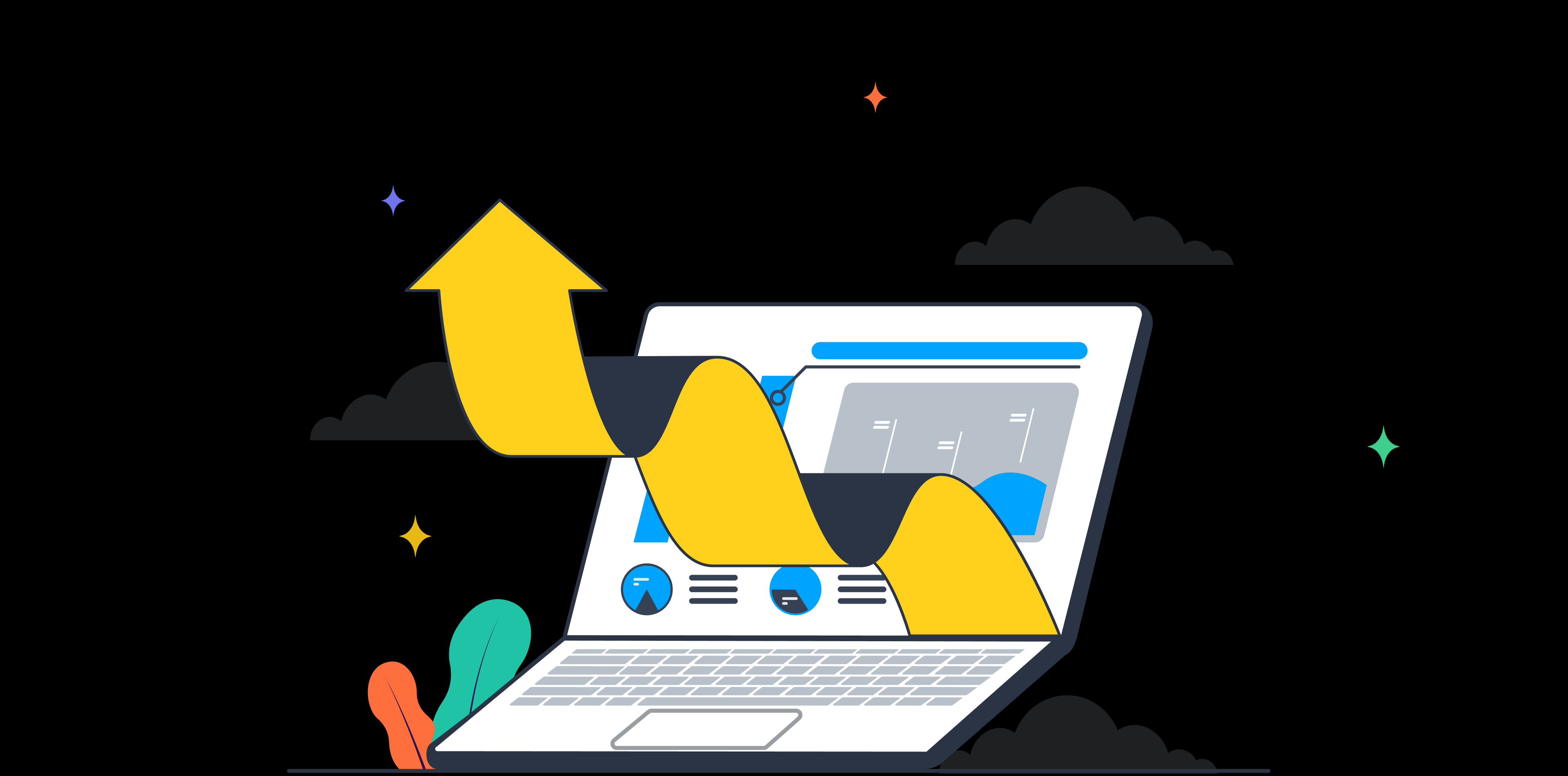 No-code to custom SaaS transition illustrated with a bold NO-CODE arrow CUSTOM label, geometric blocks and dot pattern in purple, green, magenta, and orange.