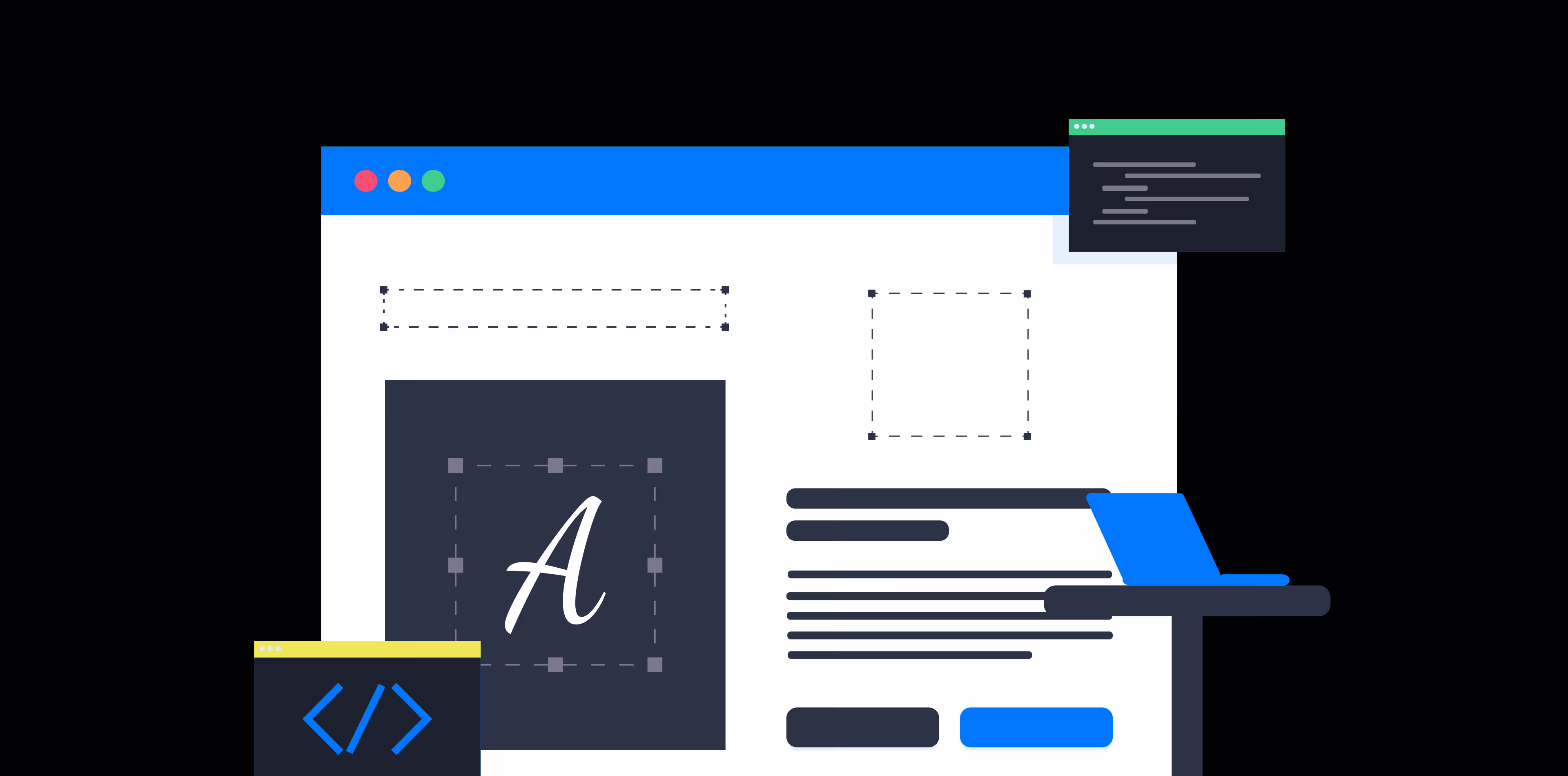 Illustrative representation of a rapid MVP launch process showing a wireframe layout, code blocks, and a workstation setup for fast product shipping.