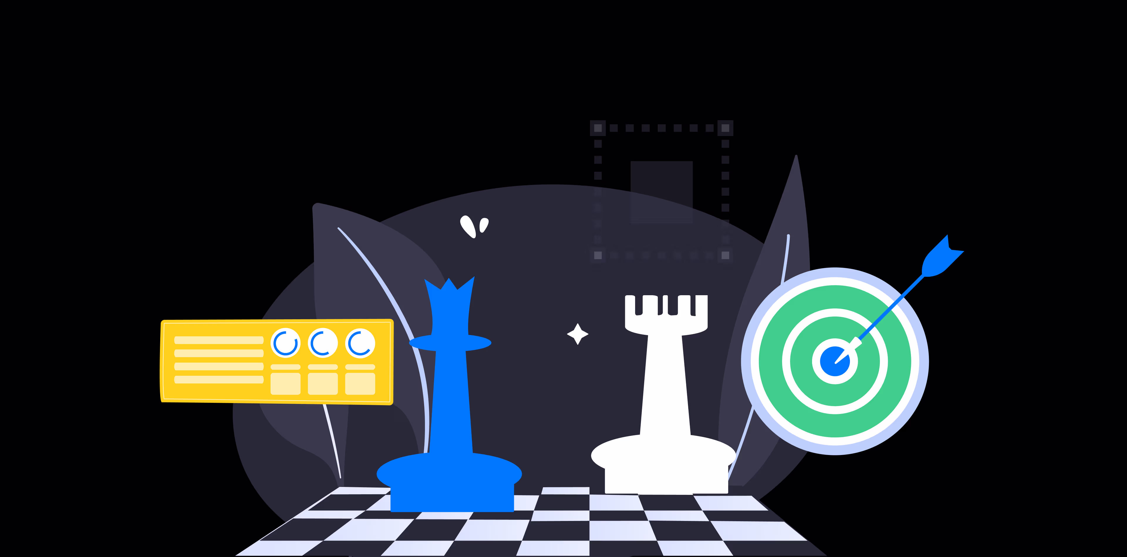 Flat vector illustration representing SaaS brand strategy with chess pieces, a target board with an arrow, and a strategic planning dashboard on a dark background.