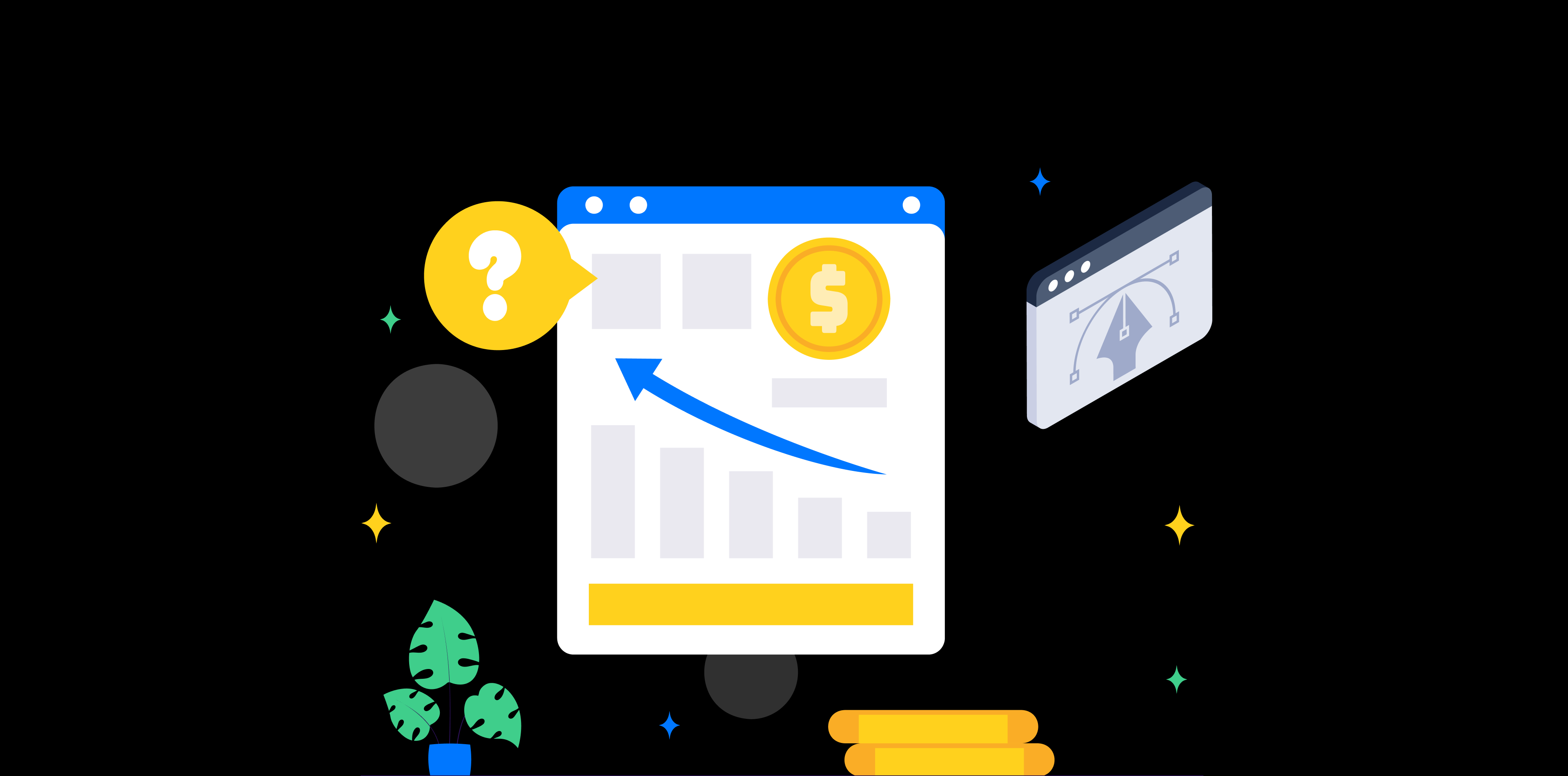 SaaS design pricing 2026 — price tag motif and pricing-model comparison illustrated in purple, green, magenta and orange on a dark dotted editorial background.
