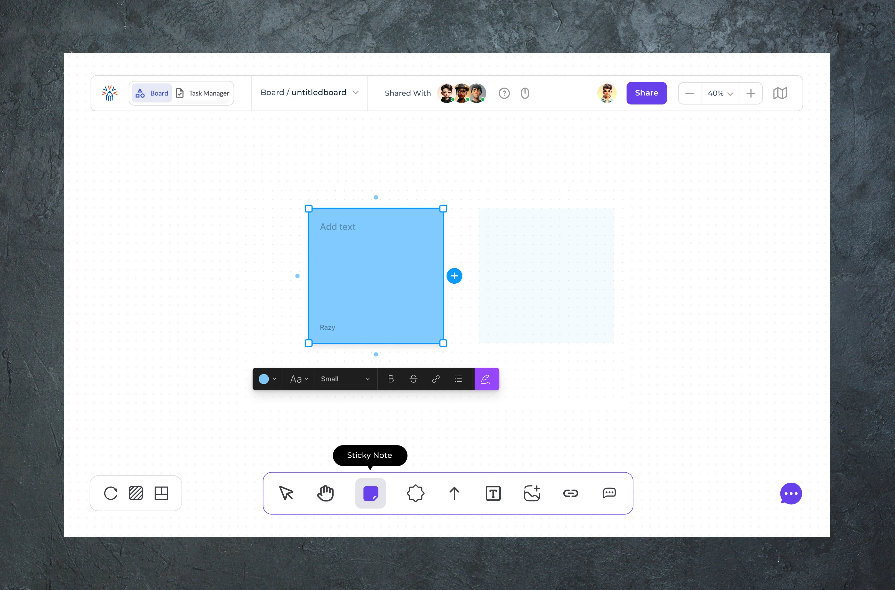 SaaS whiteboarding app UI with sticky notes, real-time collaboration, and task manager panel