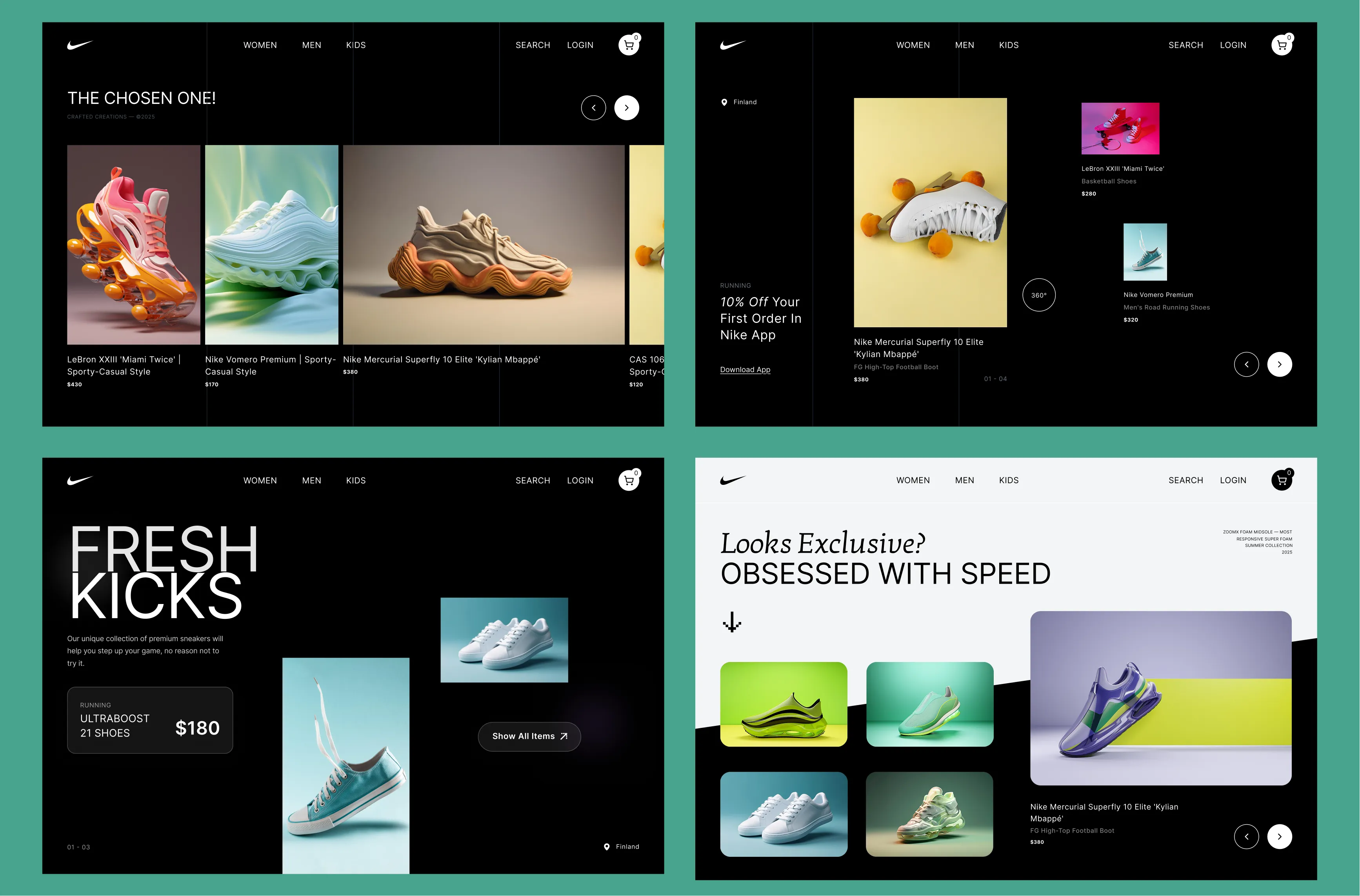 Dark mode sneaker e-commerce website UI design with product carousel and editorial layout
