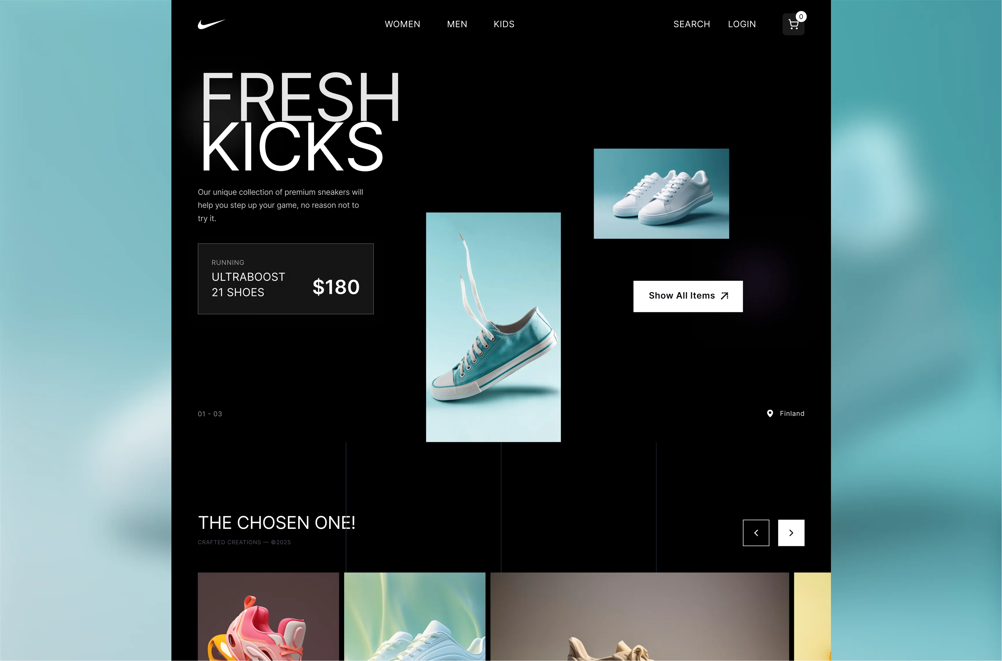 E-commerce landing page UI/UX case study showing multiple screen states for a sneaker store