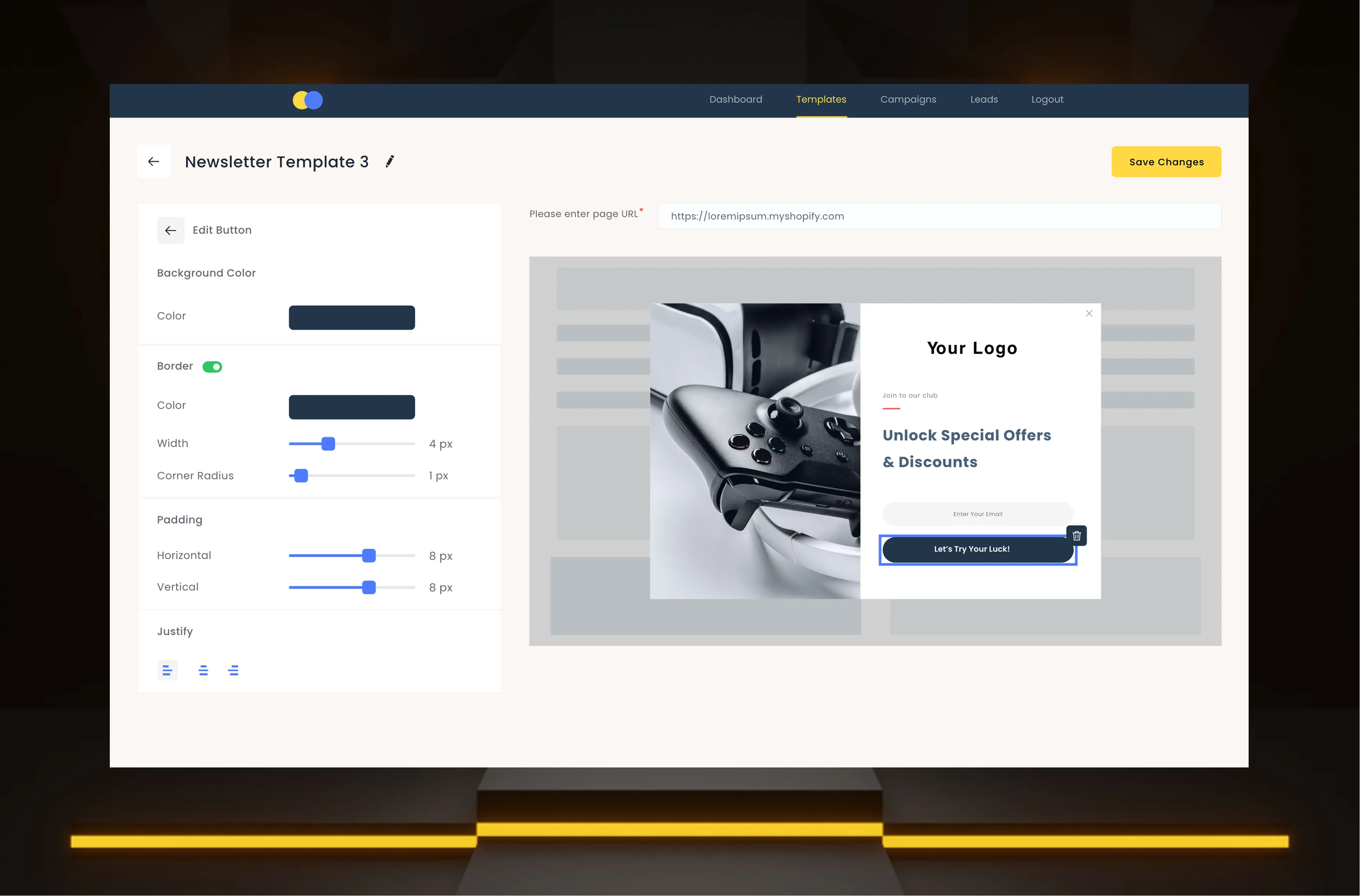 UI/UX design for a Shopify email popup template builder with customizable button and border controls