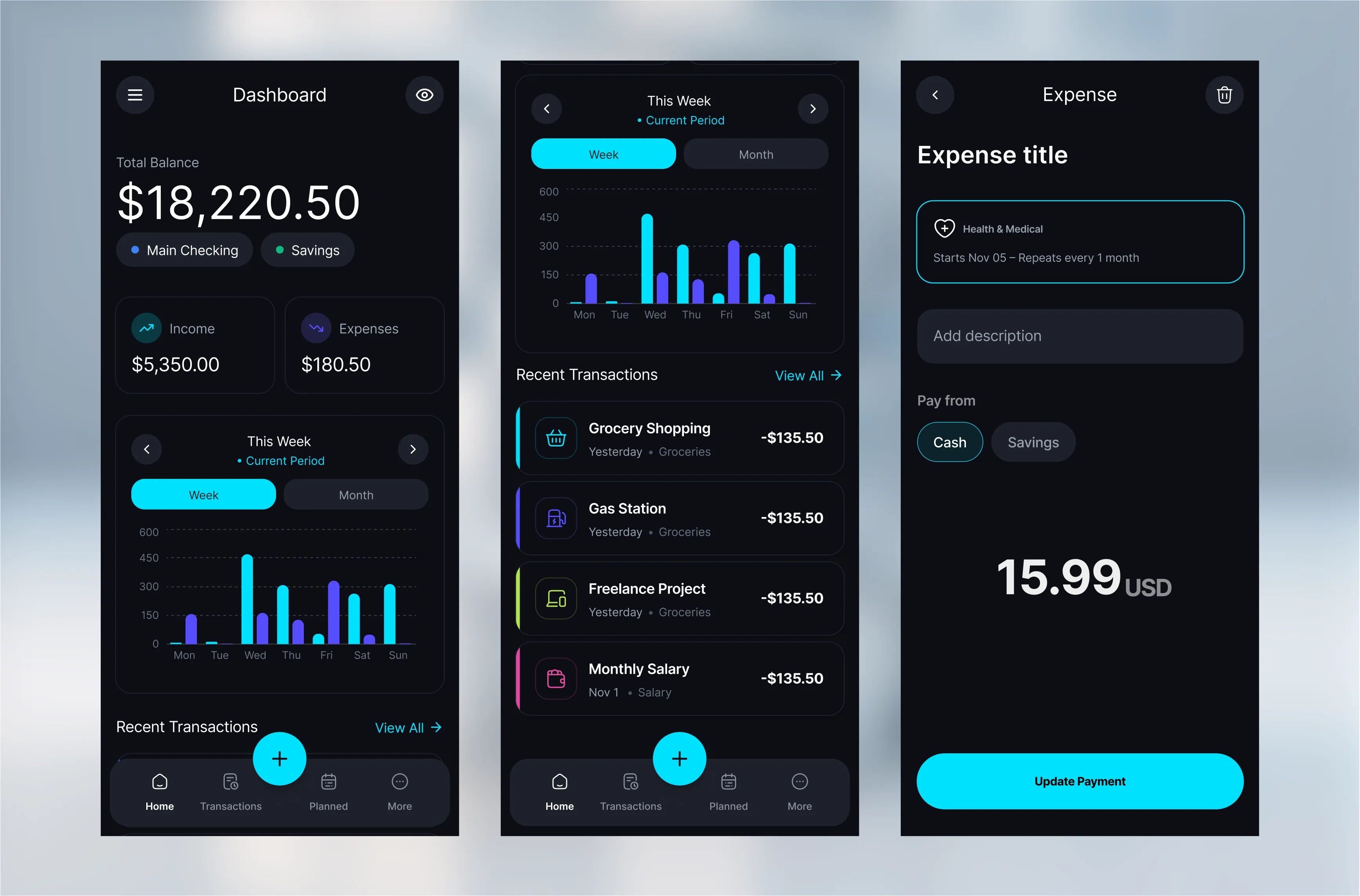 Dark mode fintech mobile app UI showing dashboard, weekly expense chart, and transaction history