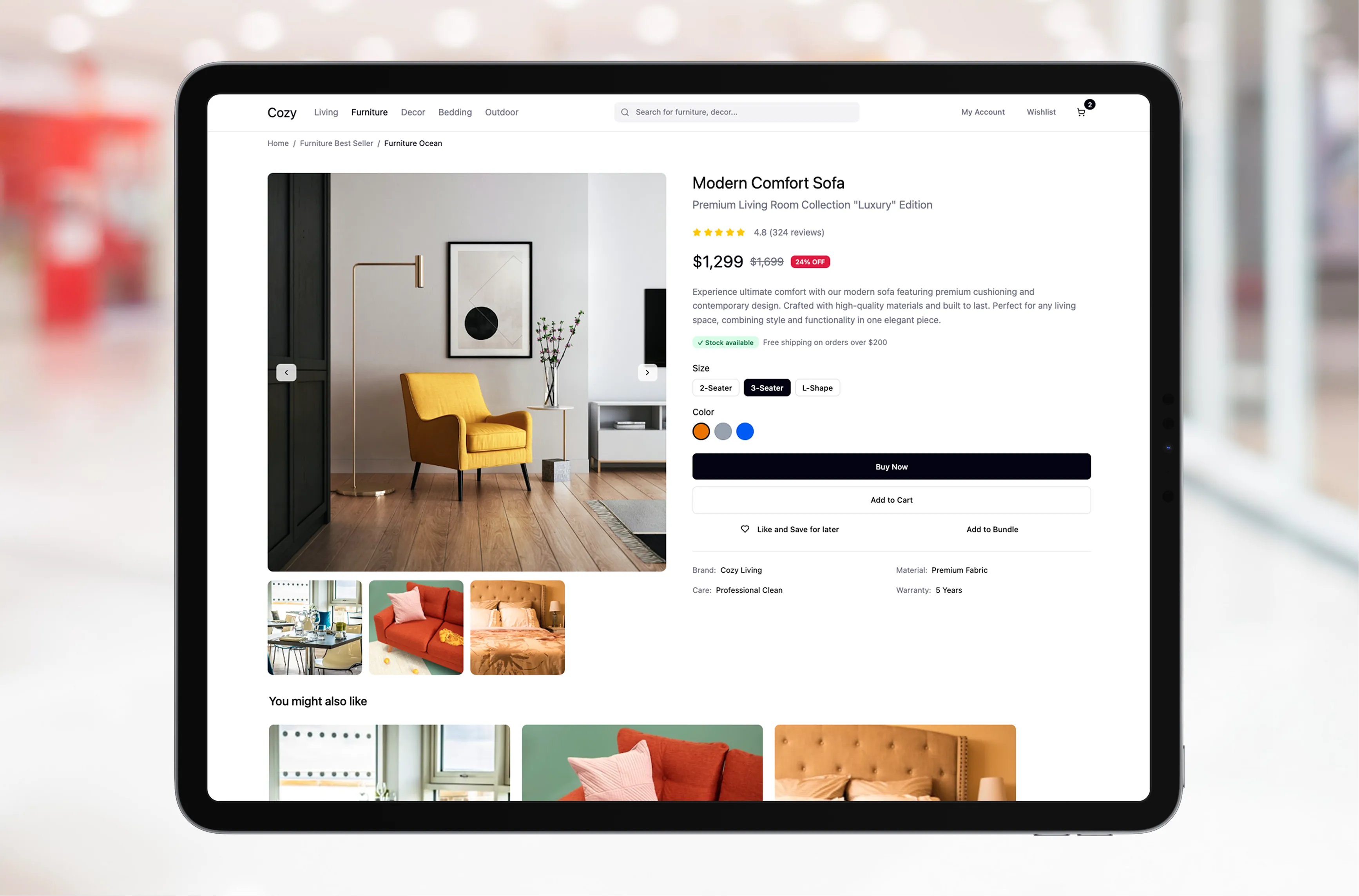Furniture e-commerce product detail page UI for iPad with size selector, color swatches, and reviews