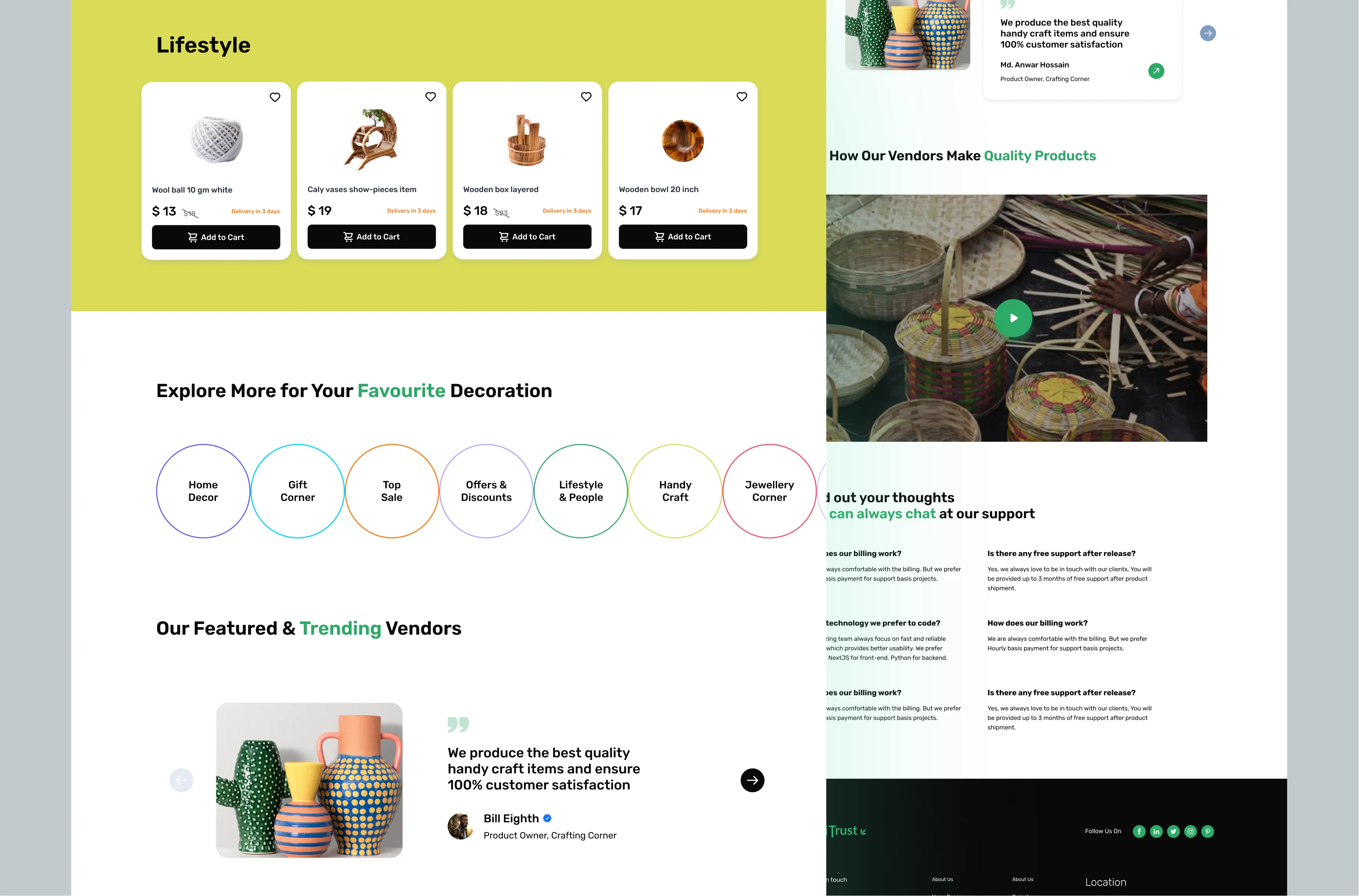 Lifestyle and home decor marketplace website UI with product grid, vendor testimonials, and category navigation