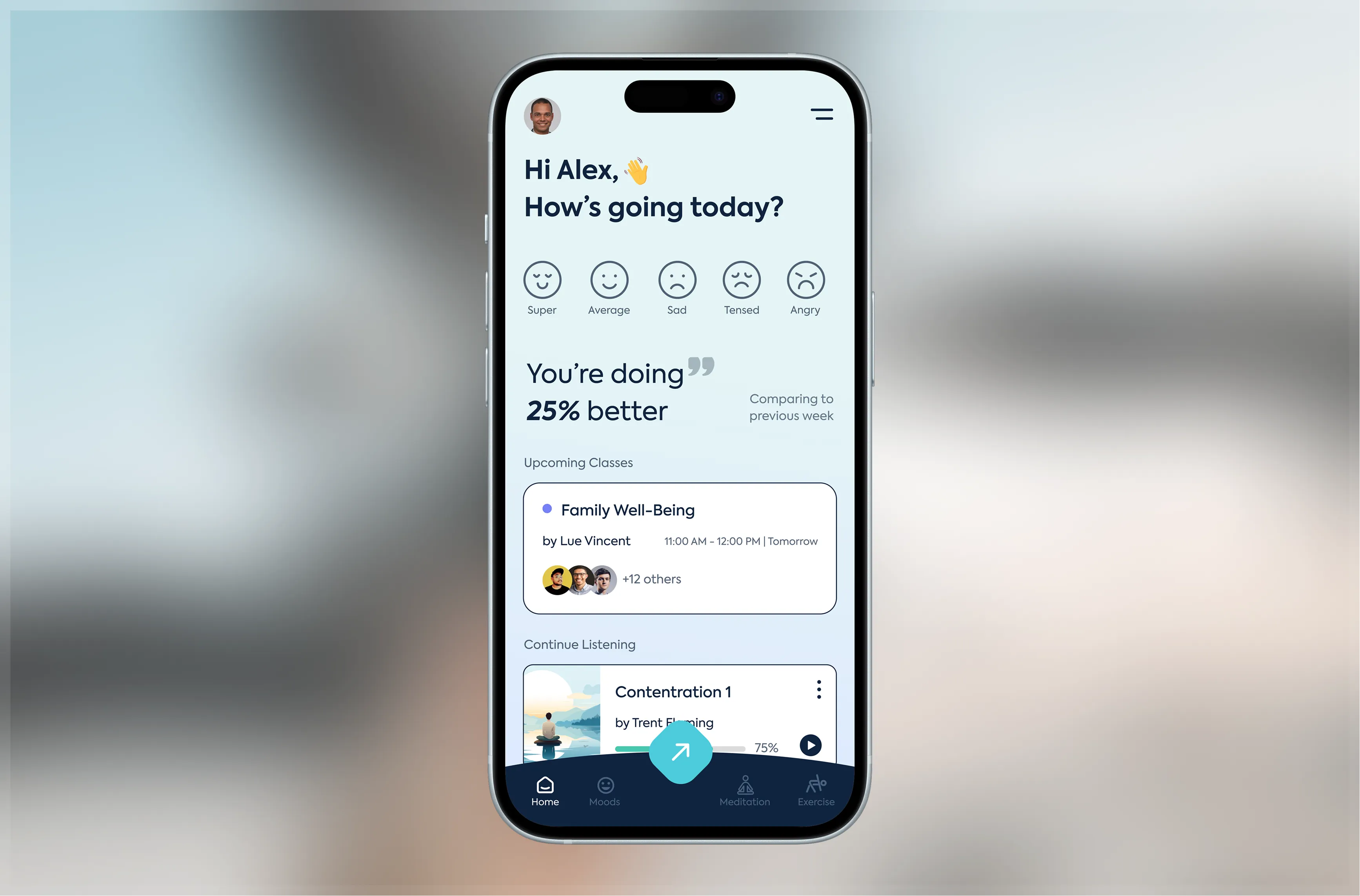 Mental health mobile app UI with mood tracker, upcoming wellness classes, and meditation progress
