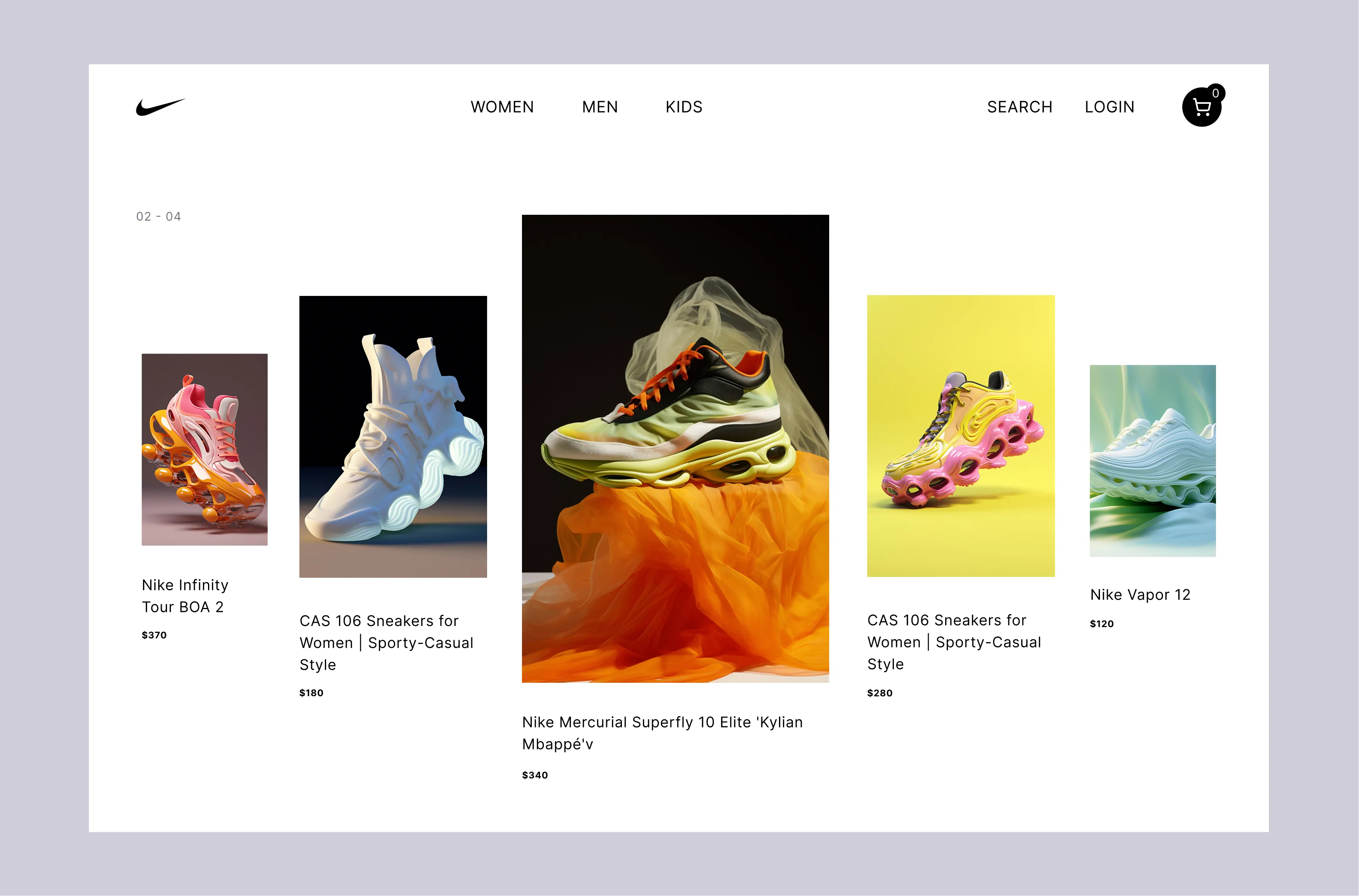 Minimal white UI design for sneaker product listing page with masonry card layout