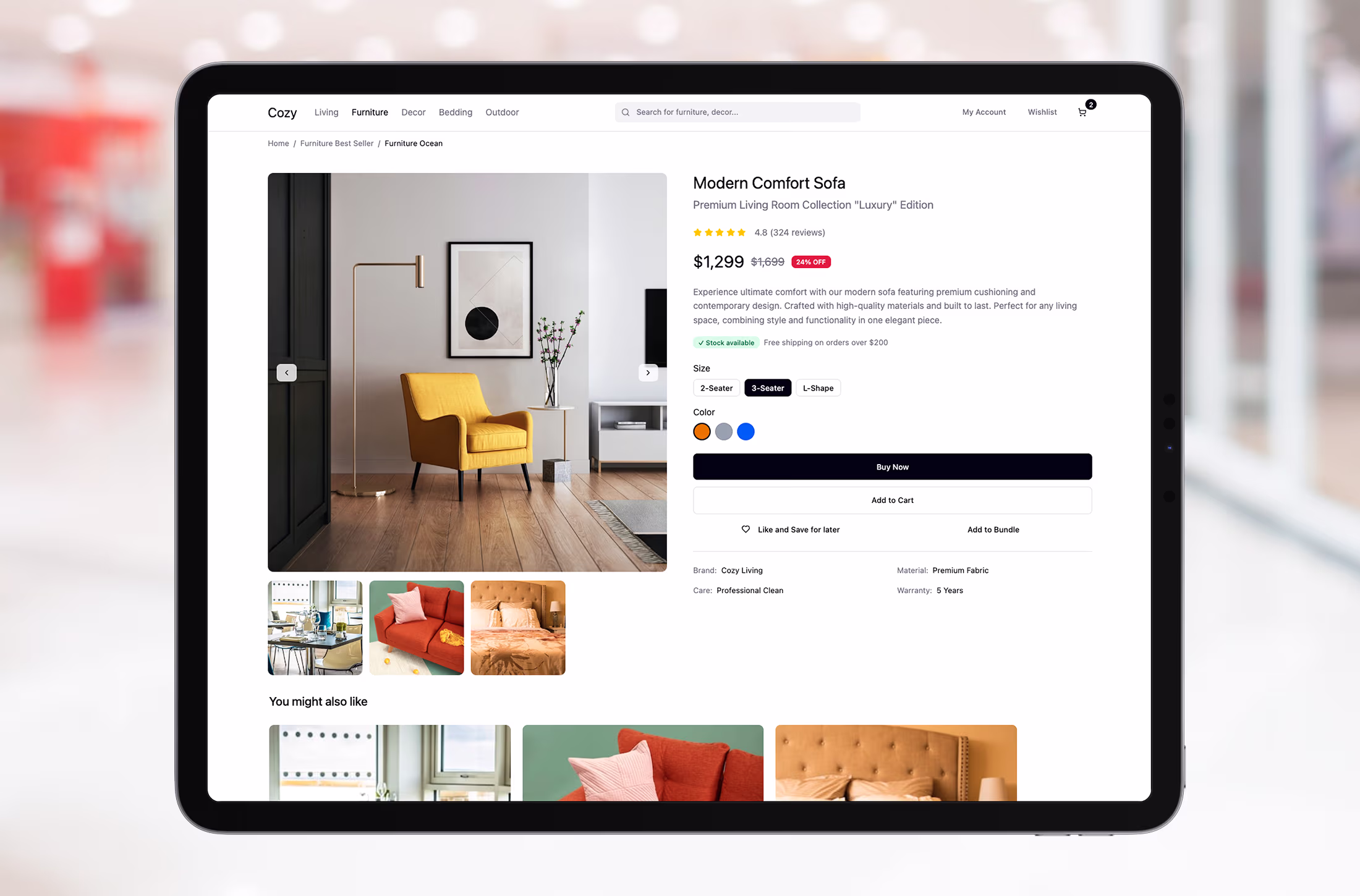 Tablet interface design for a luxury furniture e-commerce store, displaying a product detail page with size selectors, color swatches, and lifestyle imagery.
