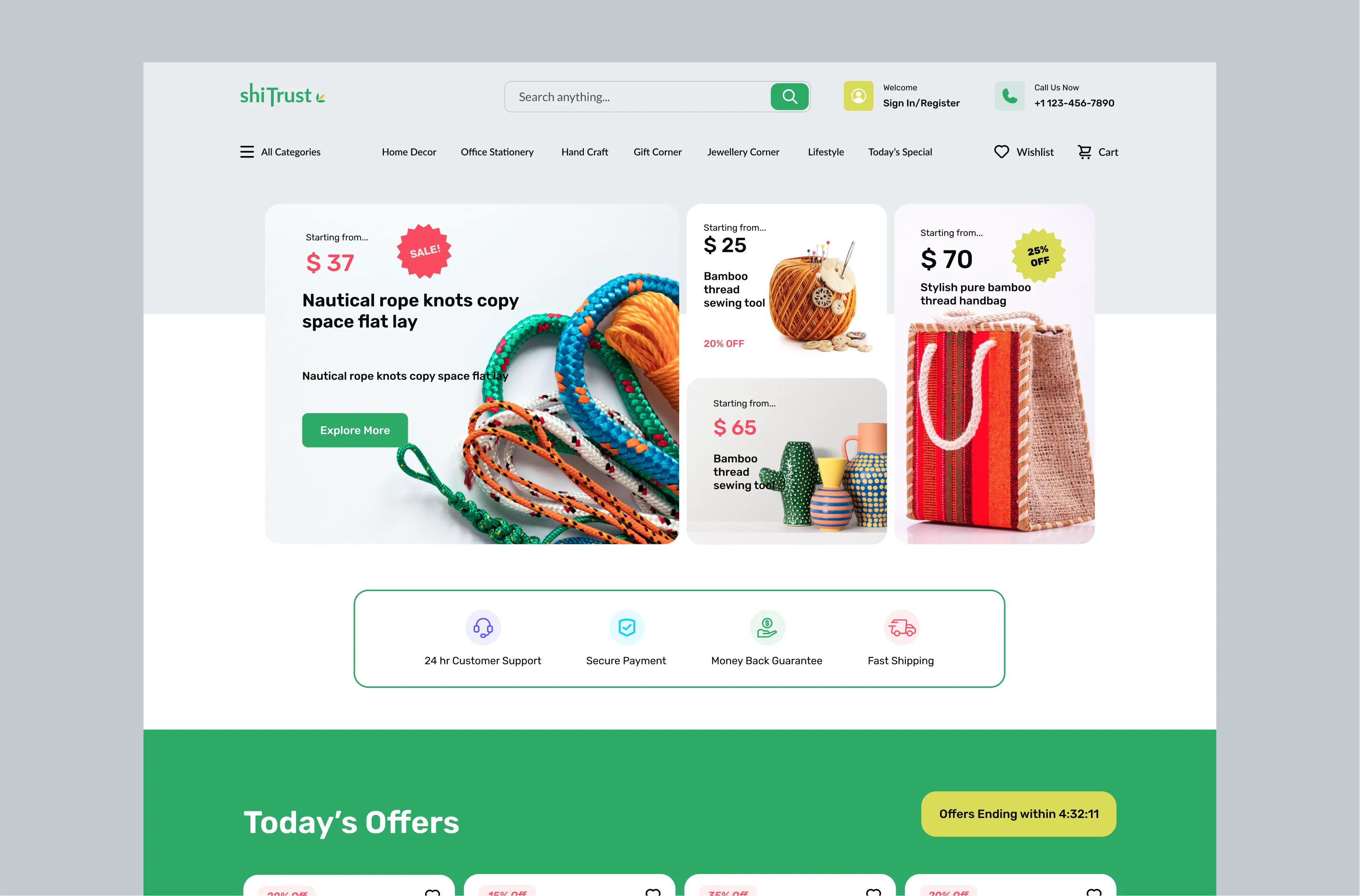 Multi-vendor grocery and handcraft web store UI with hero banner, category pills, and offer countdown