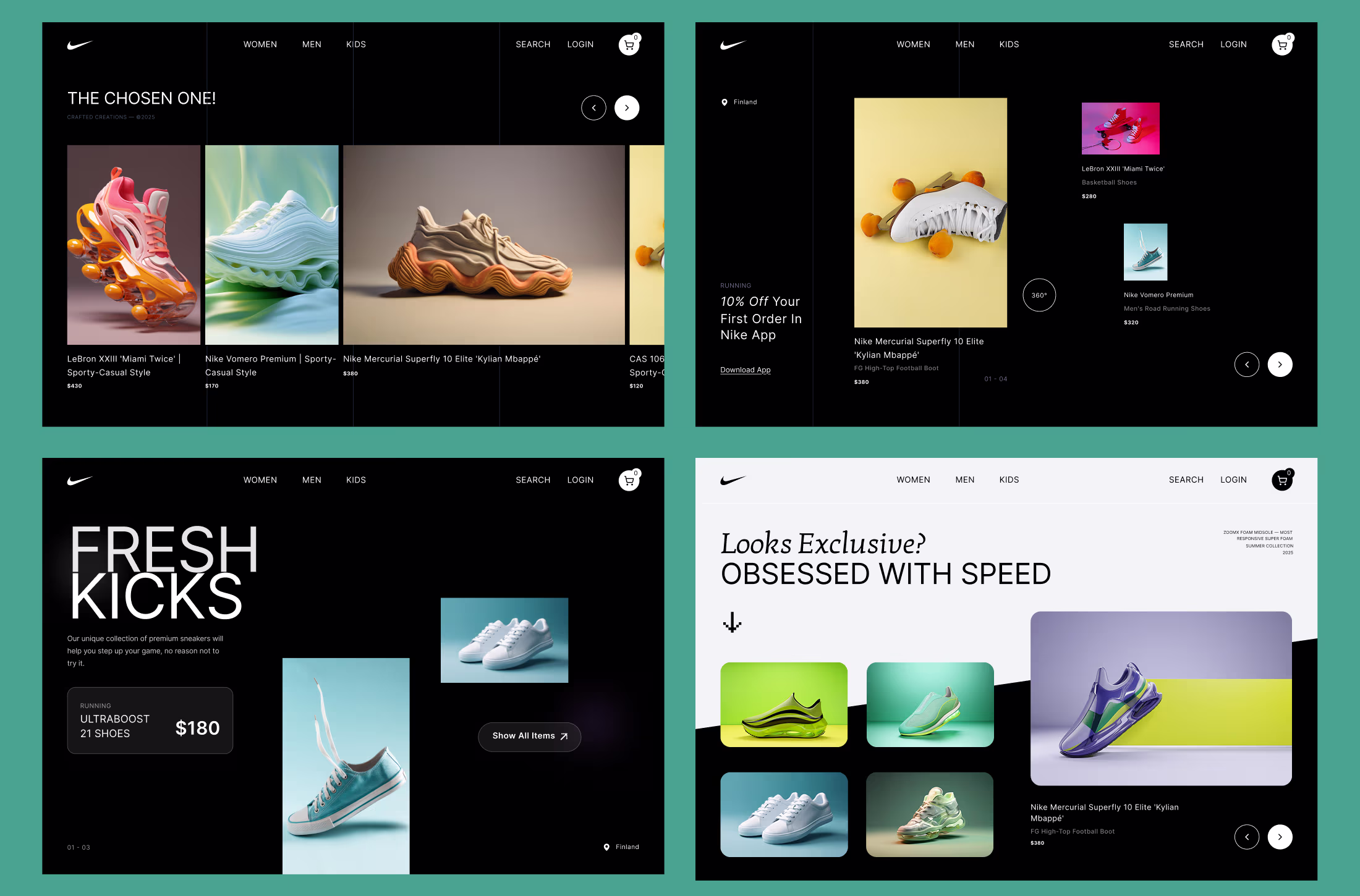 A professional UI/UX design showcase featuring multiple e-commerce layouts for a premium sneaker brand, including dark mode landing pages and product grids.